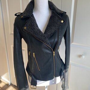 Cleobella Black Leather Moto Jacket Shearling Collar Belted Biker Medium